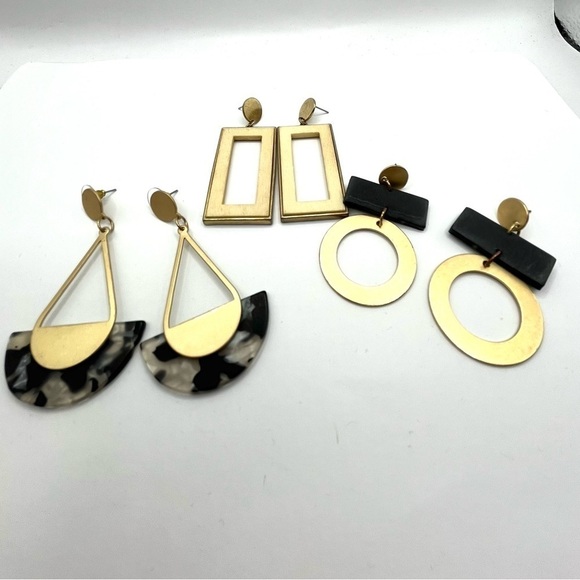 Geometric Drop Earrings Pierced 3 Pairs Gold Tone Large Statement Earrings Retro - Picture 1 of 13